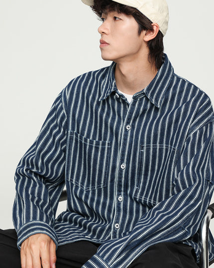 Retro Washed Striped Long Sleeve Denim Shirt