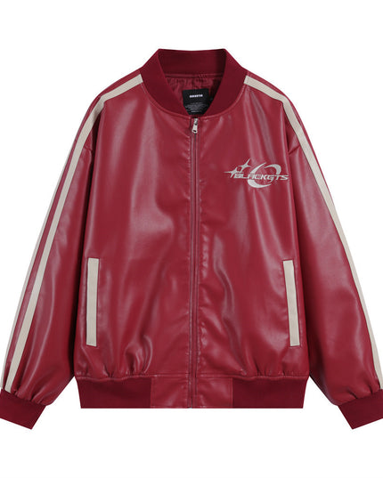 Embroidery Color Stitching Stand-collar PU Leather Coat Men