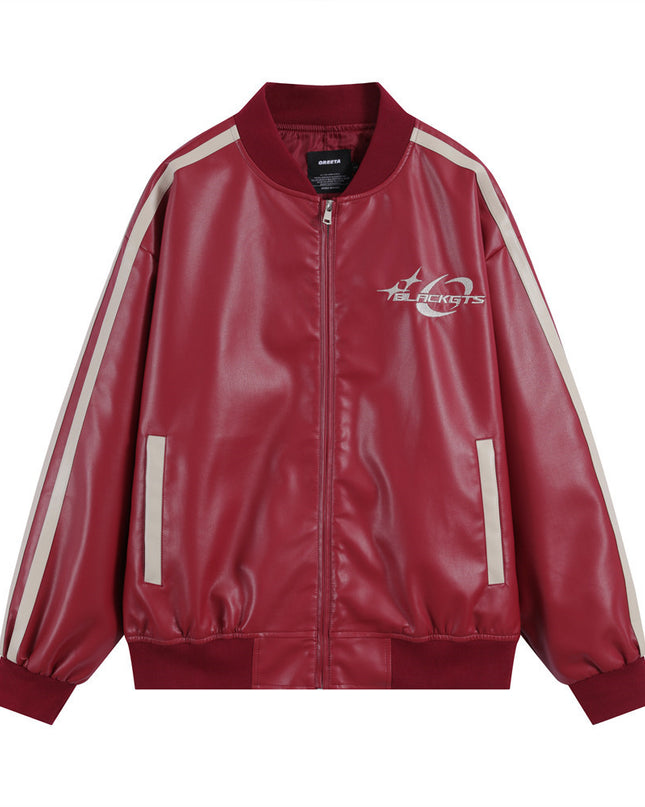 Embroidery Color Stitching Stand-collar PU Leather Coat Men