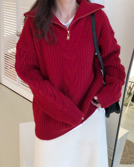 Half Zipper And Lapel Thick Sweater For Women Autumn And Winter