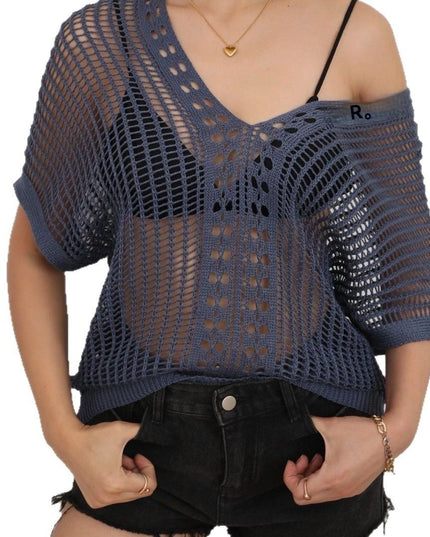 European And American Loose Pullover Hollow Out See-through Loose Short Sleeve V-neck Knitted Blouse