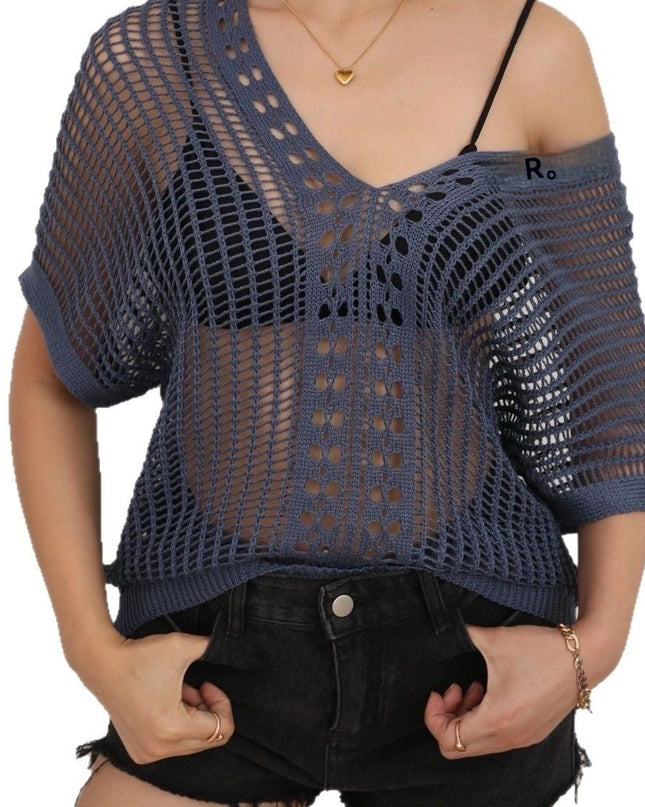 European And American Loose Pullover Hollow Out See-through Loose Short Sleeve V-neck Knitted Blouse