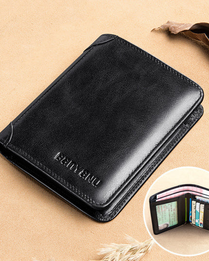 Men's Short Matte Leather Tri-fold Vertical Wallet