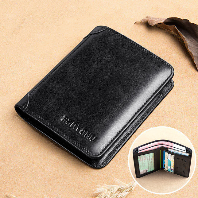 Men's Short Matte Leather Tri-fold Vertical Wallet