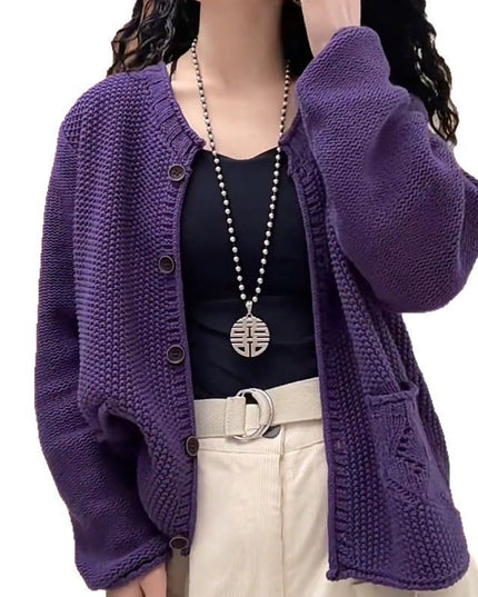 Women's Solid Color Round Neck Long Sleeve Knitted Sweater Coat