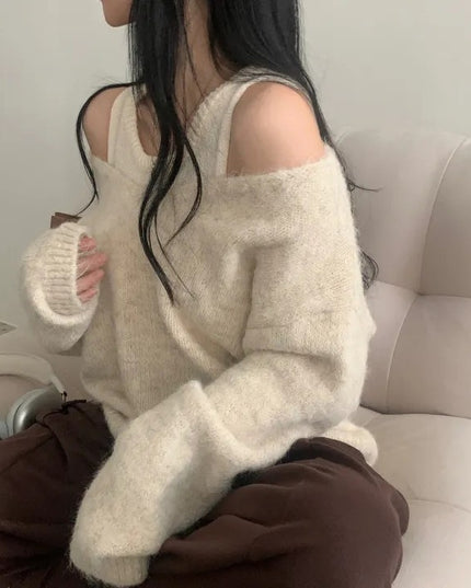 Bandage Dress Knitted Vest Soft Glutinous Loose-fitting Long Sleeve Sweater Two-piece Set