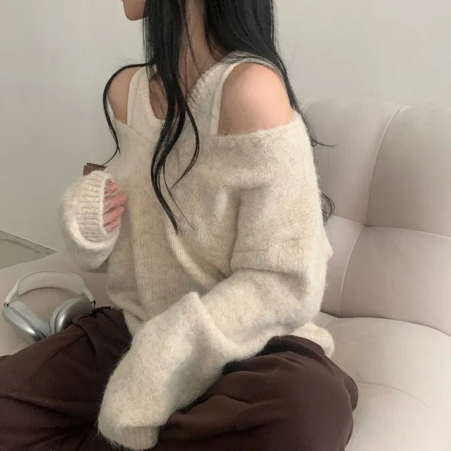 Bandage Dress Knitted Vest Soft Glutinous Loose-fitting Long Sleeve Sweater Two-piece Set