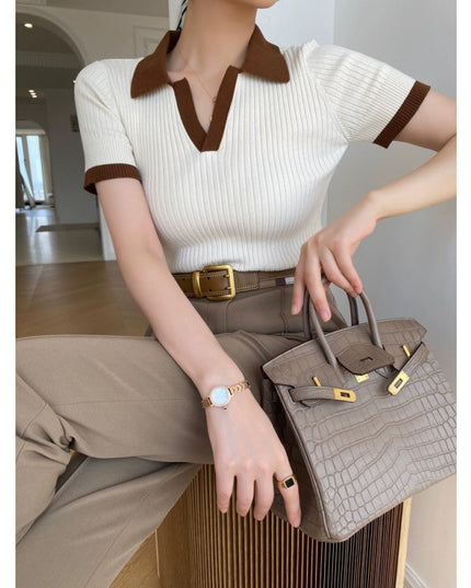 Women's French Retro Color Effect Collar Knitted Short Sleeve