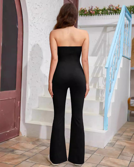 Solid Color Strapless Tube Top Flared Fit One-piece Trousers