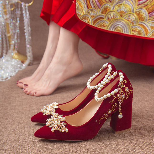 Wine Red Pointed Toe Chunky Heel Wedding Shoes For Women