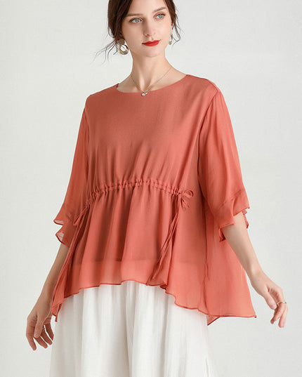 Summer New Style Temperament Short-Sleeved Plus Size Slimming Silk Blouse Women