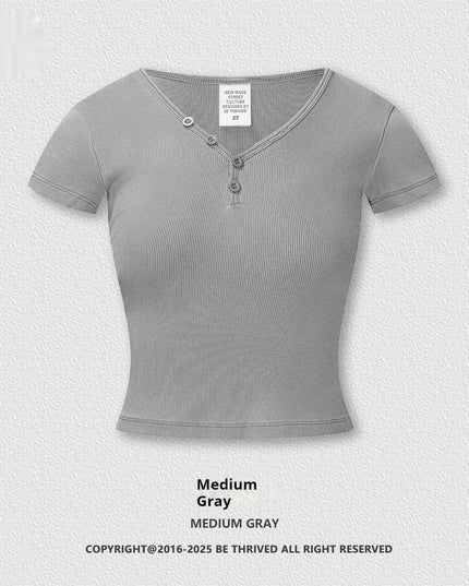 American Retro Design Hot Girl Slim Top Button V-neck Shoulder Short Sleeve