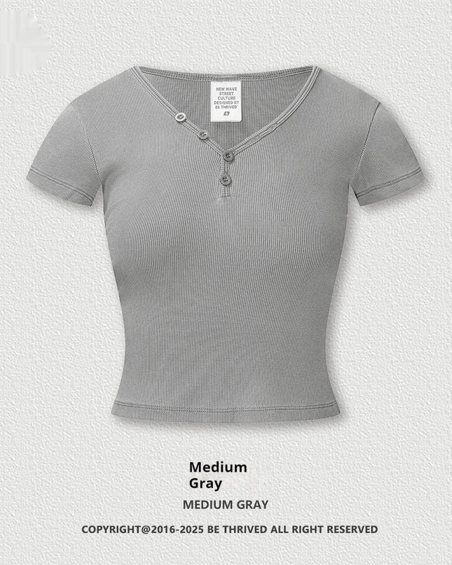 American Retro Design Hot Girl Slim Top Button V-neck Shoulder Short Sleeve
