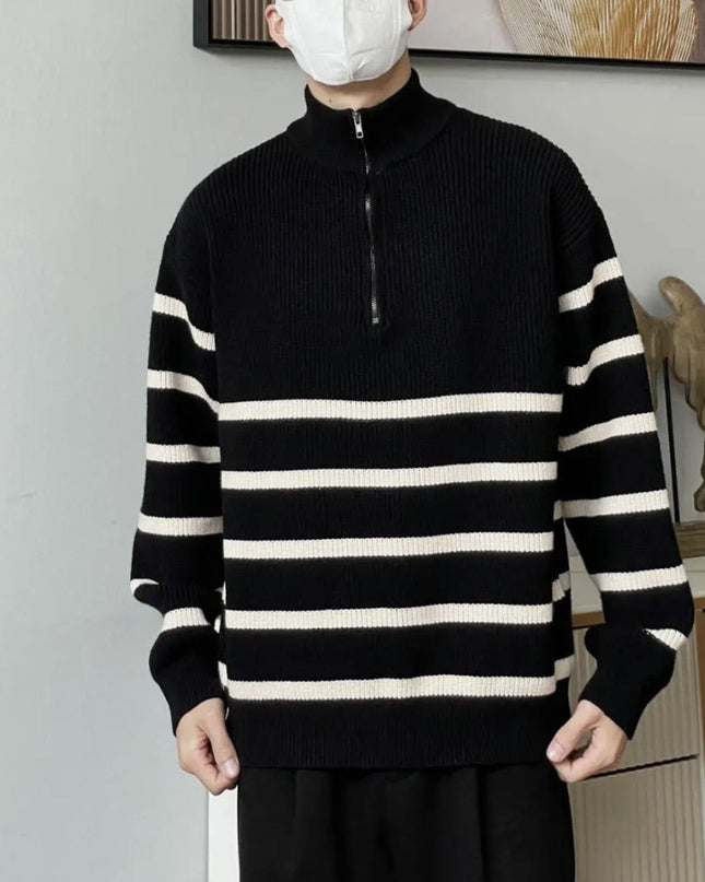 High-grade Horizontal Striped Simple Stand-up Collar Sweater