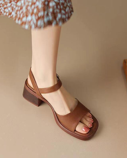 Real Soft Leather French Sandals Female Square Toe