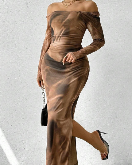 Printed Pleated Sexy Tight Split Square Collar Dress