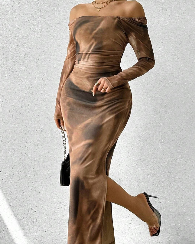 Printed Pleated Sexy Tight Split Square Collar Dress