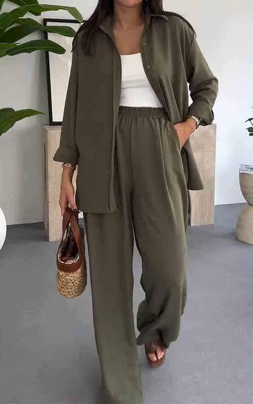 Fashion Solid Color Loose Top Casual Wide Leg Pants Two-piece Set