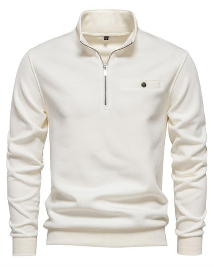 Half Zipper Sweater Casual Solid Color Pocket Decoration Basic Style
