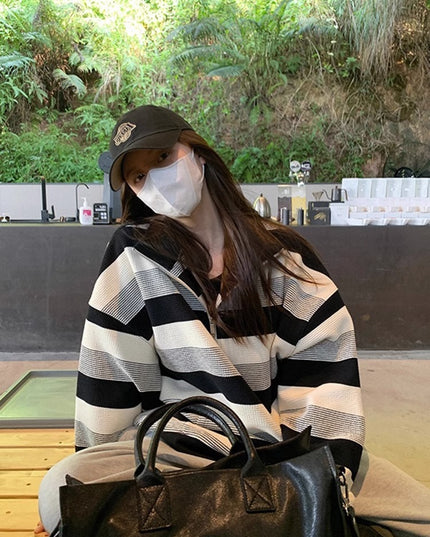 Women's American-style Retro Half-zip Striped Sweater