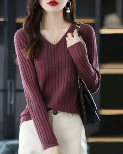 Slim V-neck Pullover Long Sleeve Knitted Sweater