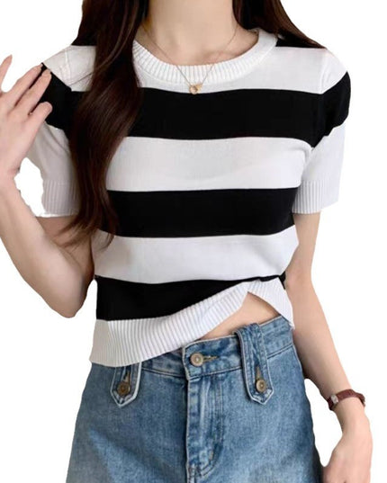 Summer New Striped Short Sleeve Women Slim Fit Slimming Top