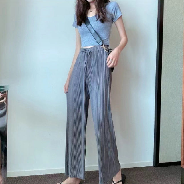 Loose Straight Pleated Ice Silk Leggings Draped Pants Thin High Waist