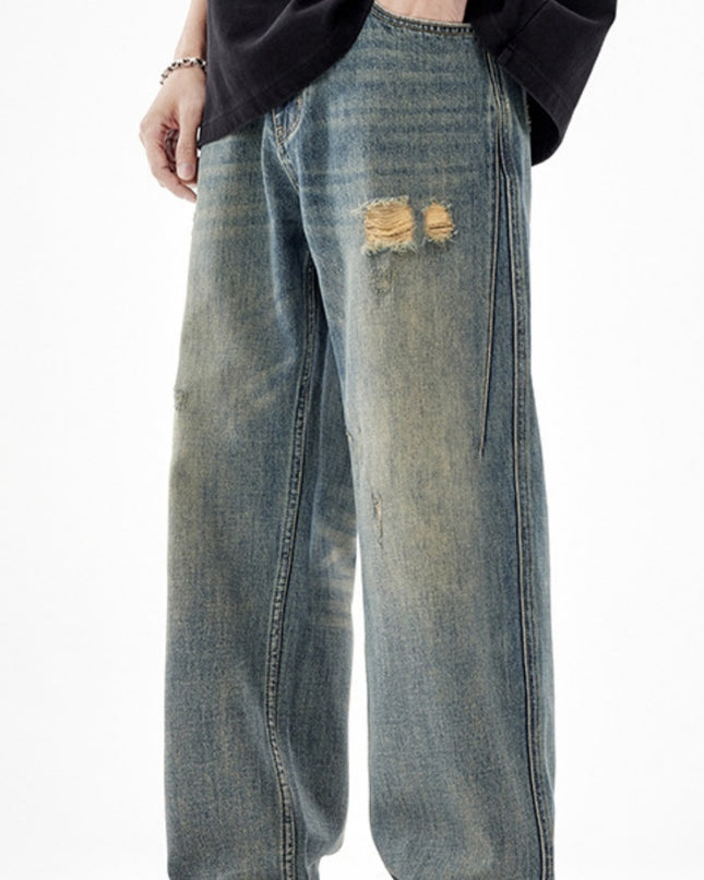 Men's American-style Retro Wide Leg Ripped Jeans
