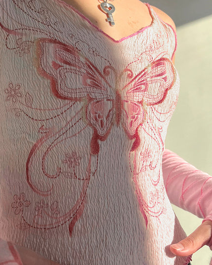 American Texture Butterfly Print Lace-up Vest Outer Wear Base Tight Edge V-neck Small Sling