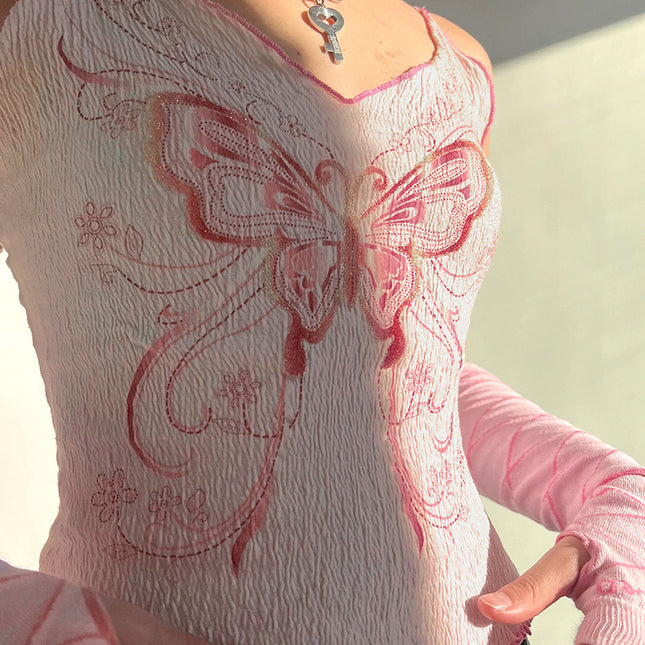 American Texture Butterfly Print Lace-up Vest Outer Wear Base Tight Edge V-neck Small Sling