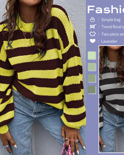 Autumn And Winter New Contrast Color Loose Shoulder Striped Pullover Sweater