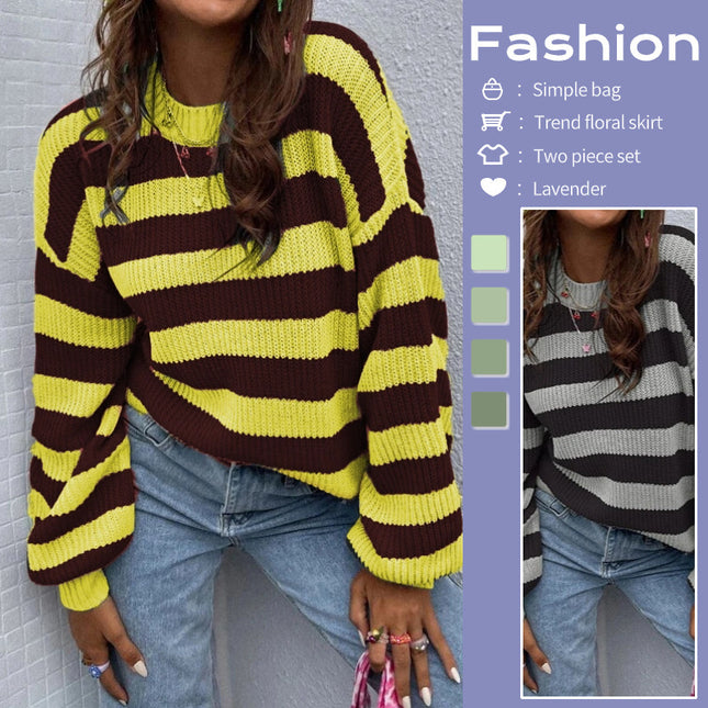 Autumn And Winter New Contrast Color Loose Shoulder Striped Pullover Sweater
