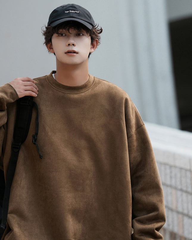 Suede Heavy Round Neck All-matching Sweater Men's Solid Color Loose