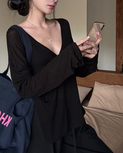 Women's Slim-transparent V-neck Long-sleeved Loose Sun Shield Casual Top