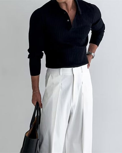 Lapel Button Long Sleeve Polo Shirt Slim Fashion Solid Striped Knitted Bottoming Shirt Top Men's Clothing