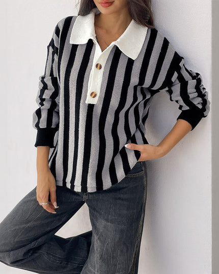 Autumn And Winter Unisex Style Vertical Stripes Lapel Knitted Pullover Sweater Women