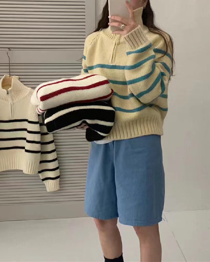 Korean Style Half Turtleneck Zipper Pullover Knitting Vintage Stripe Sweater