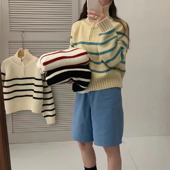Korean Style Half Turtleneck Zipper Pullover Knitting Vintage Stripe Sweater