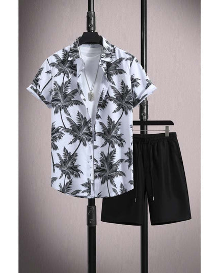 Men's Casual Ice Silk Micro-elastic Printed Short-sleeved Shirt Shorts Suit