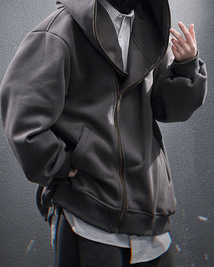 Oblique Zipper Hooded Cardigan Sweater Baggy Coat