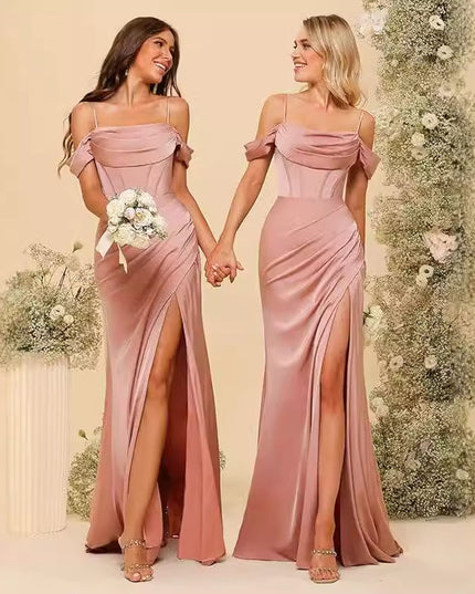 Off-the-shoulder Satin Bridesmaid Corset Ball Gown
