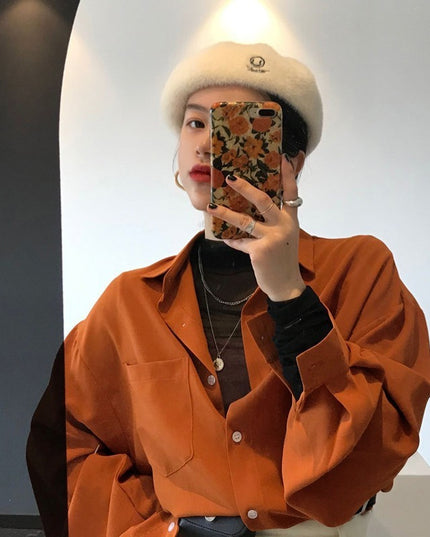Women's Orange Lantern Sleeve Loose Casual Shirt