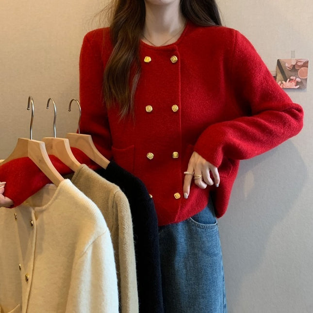 Solid Color Double Breasted Round Neck Knitted Cardigan