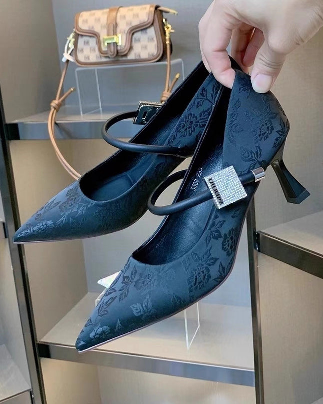 Pointed Toe Chinese Style Embroidery Low-cut High Heels Women's Stiletto Heel