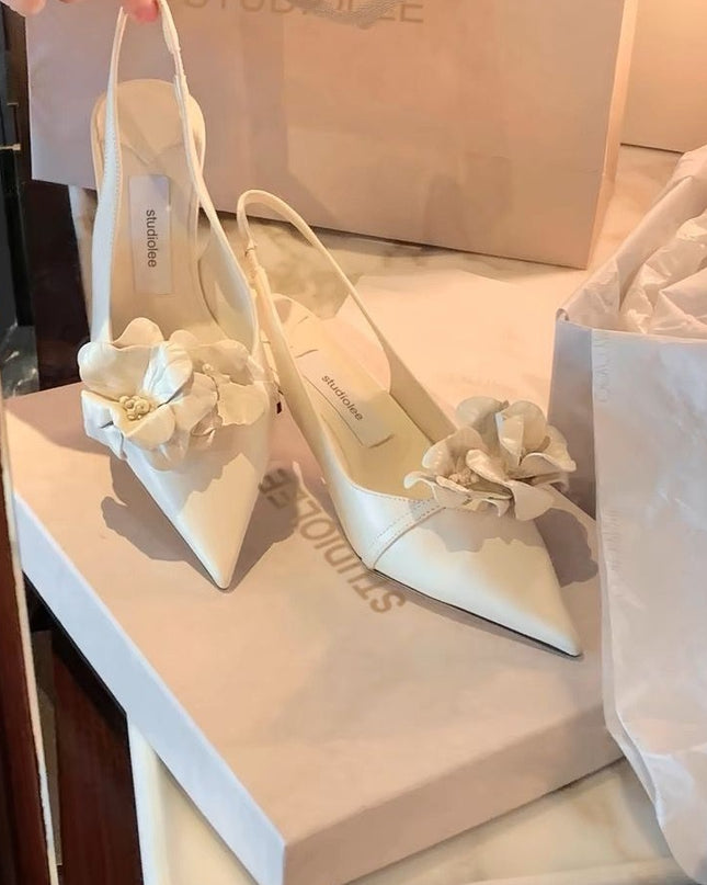 Small Sharp Point Low-cut Hollow Flower High Heels For Women