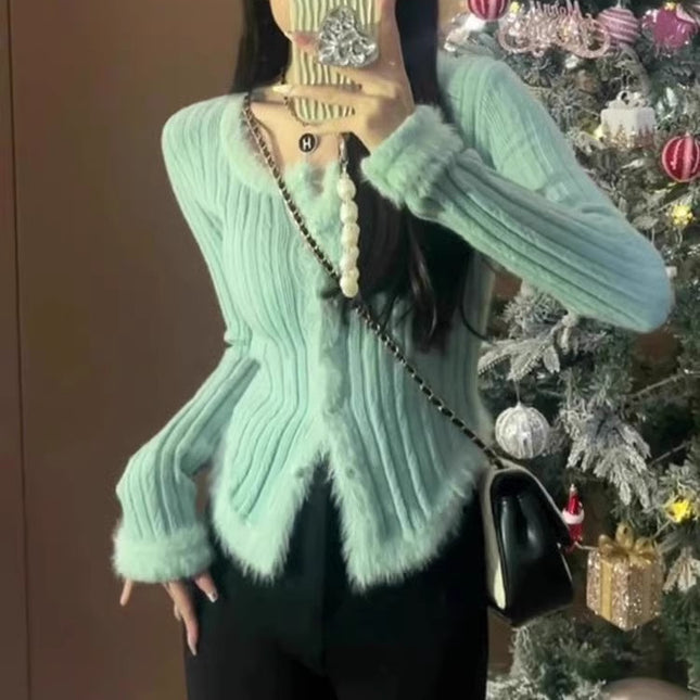 Women's Square Collar Stitching Edging Knitted Cardigan Autumn Winter Coat