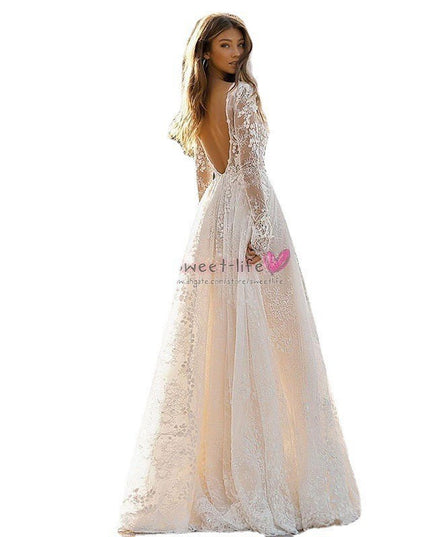 Women's Wedding Dress Lace Long Sleeve Dinner Party Gown