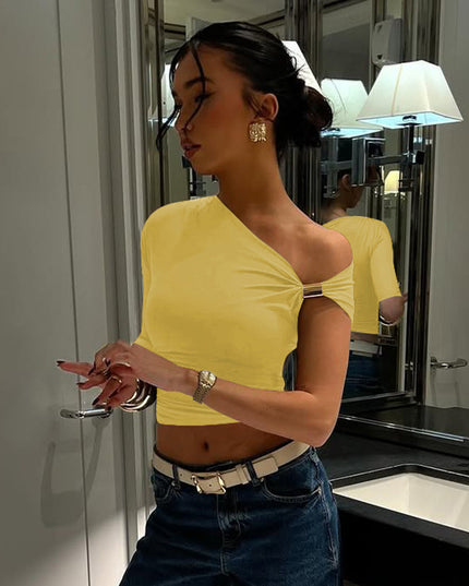 Asymmetric Pleated Crop-top Tight-fitting T-shirt