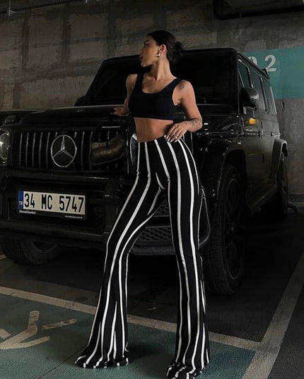 Striped Slightly Flared Black And White Contrast Casual Pants