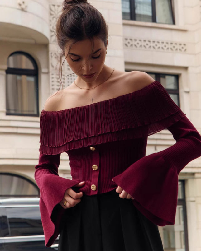 Off-shoulder Collar Long Sleeve Clinch Splicing Knitwear